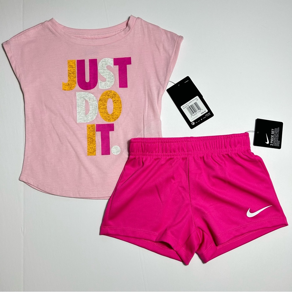 Nike Girls JUST DO IT T-Shirt & Shorts Set Outfit Sz 4T Laser Fuchsia Pink NEW
